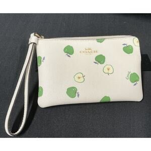 Coach Signature Canvas & Leather Green Apple Corner Zip Wristlet In Chalk